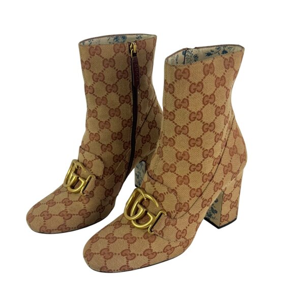 GUCCI Brown Canvas Logo Marmont Monogram Ankle Boots 37.5 - 7.5US - Picture 3 of 11